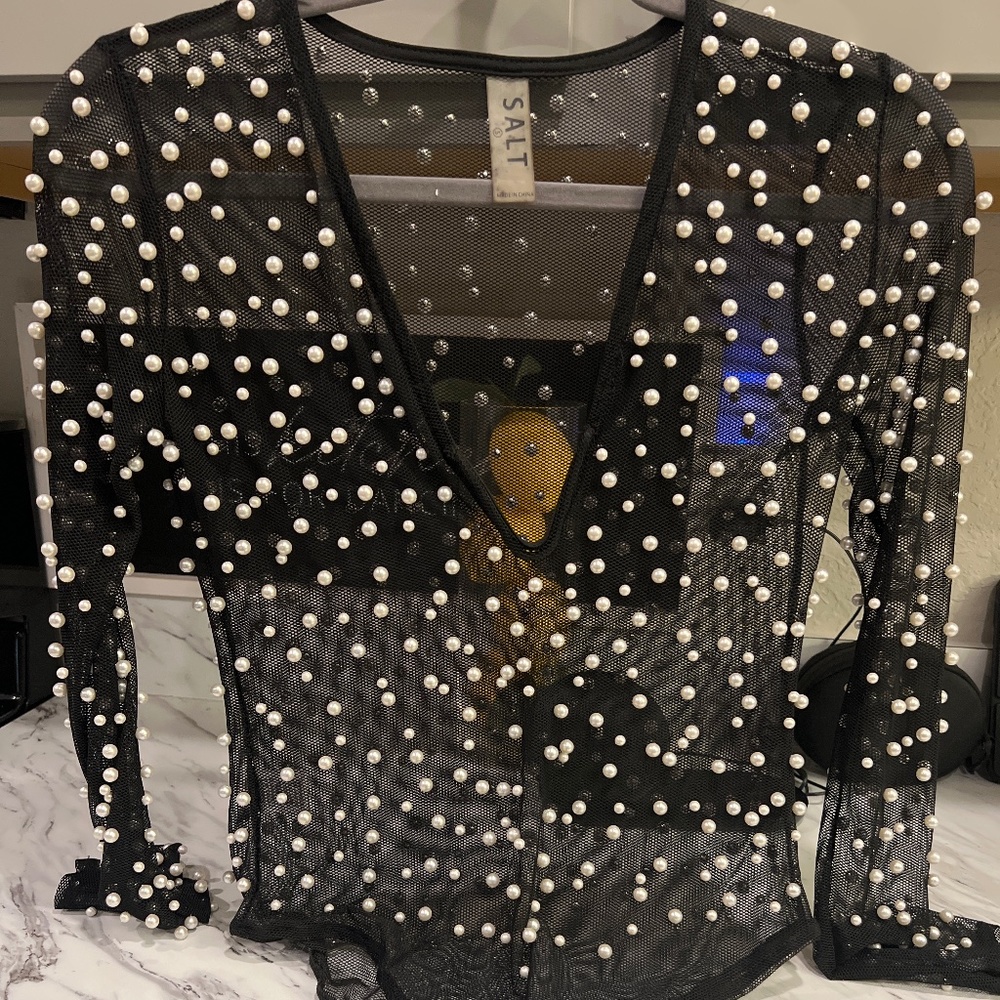 Black Sheer W/Pearls Bodysuit Top SOLD!!!!